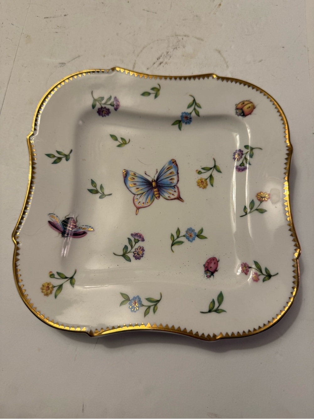 Hand-Painted Butterfly Floral Square Porcelain Plate with Gold Trim